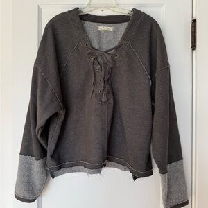 Free People We the Free Lace Up Distressed Sweatshirt Gray Size Large